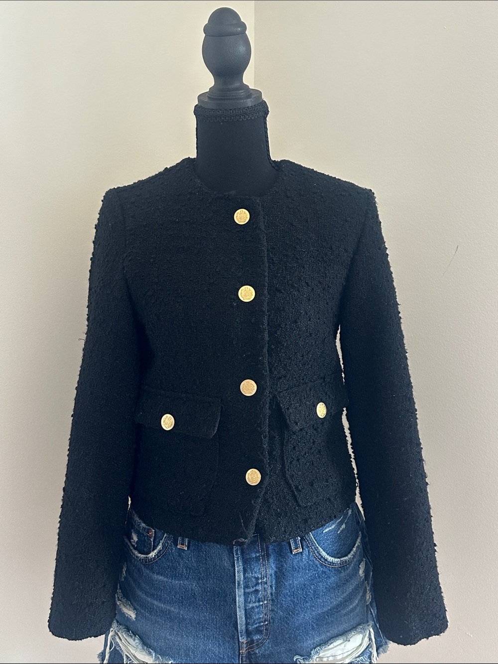Women's Black Bouclé Jacket with Gold Buttons